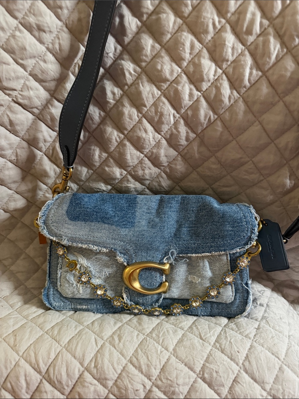 Coach Denim Crossbody Bag with Gold 'C' and Crystal Chain